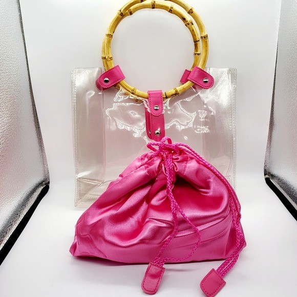 Lancome Transparent Round Bamboo Handle Handbag Tote Removable Pink Interior Bag - Picture 5 of 10